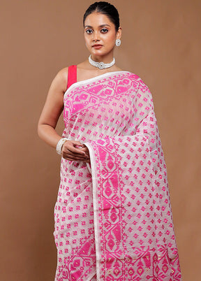 White Tant Jamdani Saree Without Blouse Piece