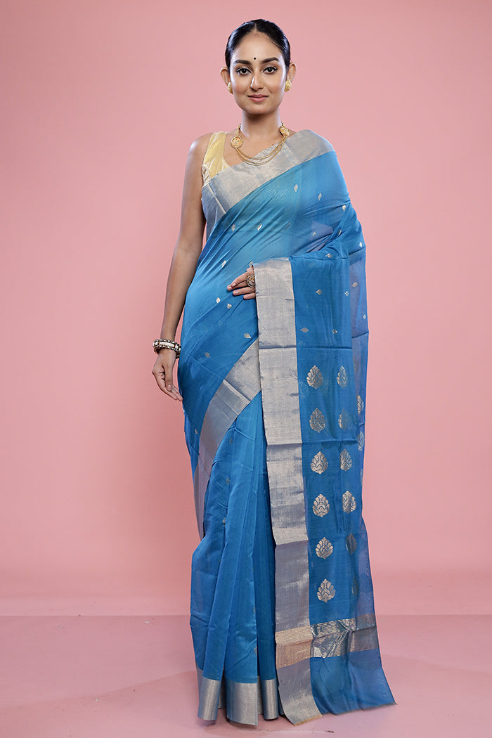 Blue Chanderi Cotton Saree With Blouse Piece - Indian Silk House Agencies