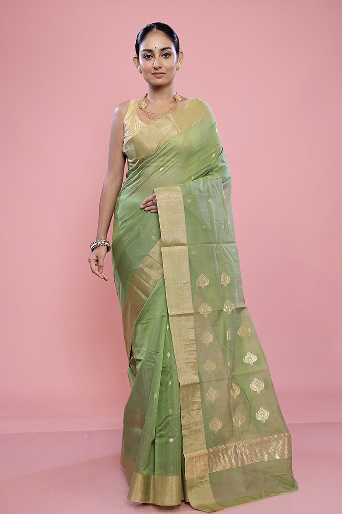 Green Chanderi Cotton Saree With Blouse Piece - Indian Silk House Agencies