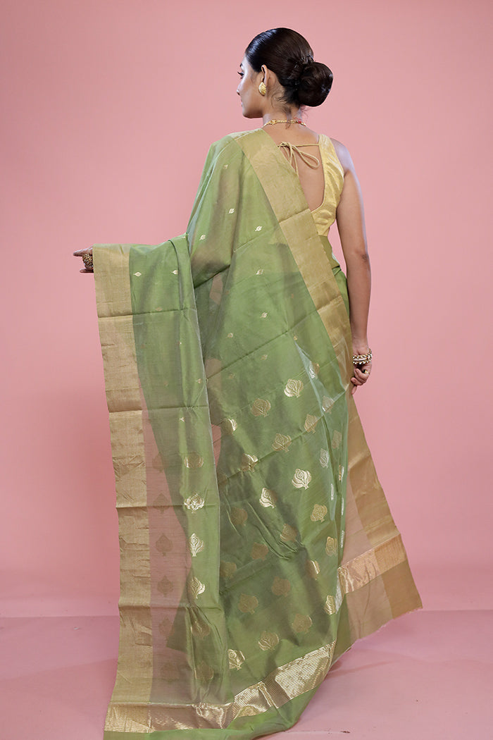 Green Chanderi Cotton Saree With Blouse Piece - Indian Silk House Agencies