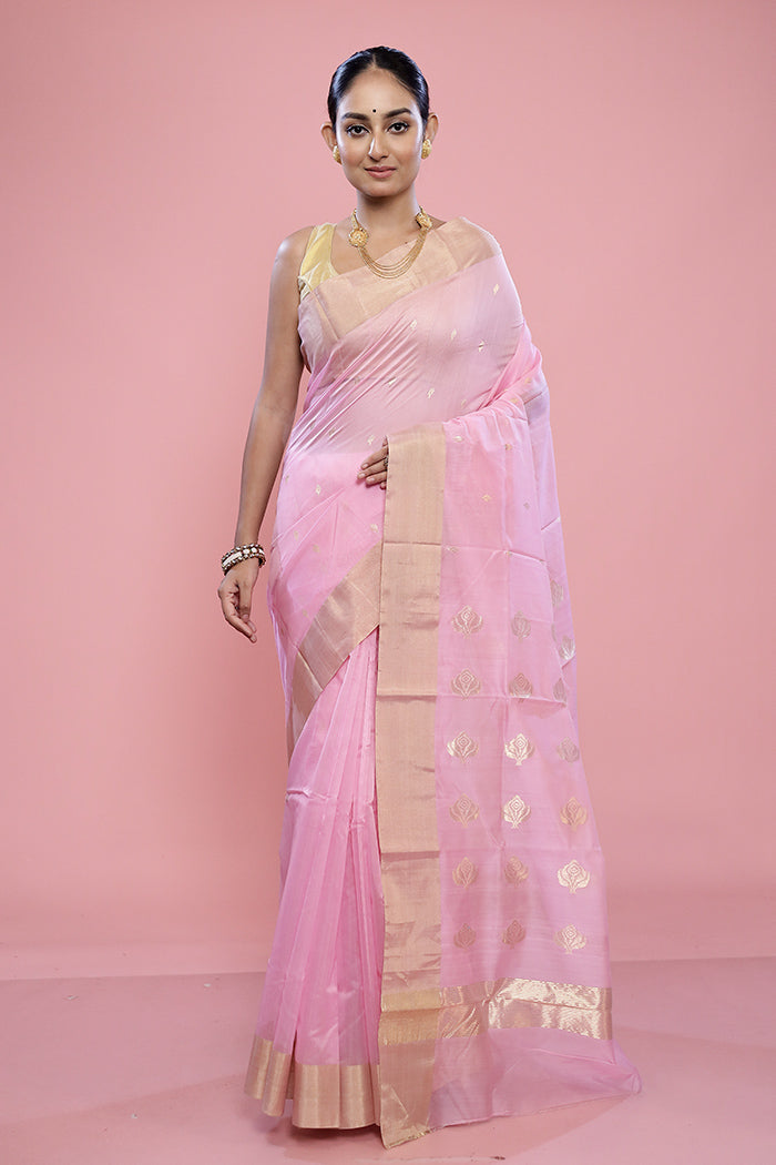 Pink Chanderi Cotton Saree With Blouse Piece - Indian Silk House Agencies