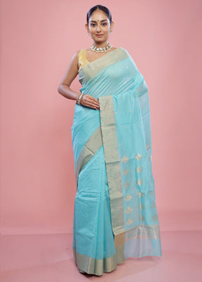 Blue Chanderi Cotton Saree With Blouse Piece - Indian Silk House Agencies