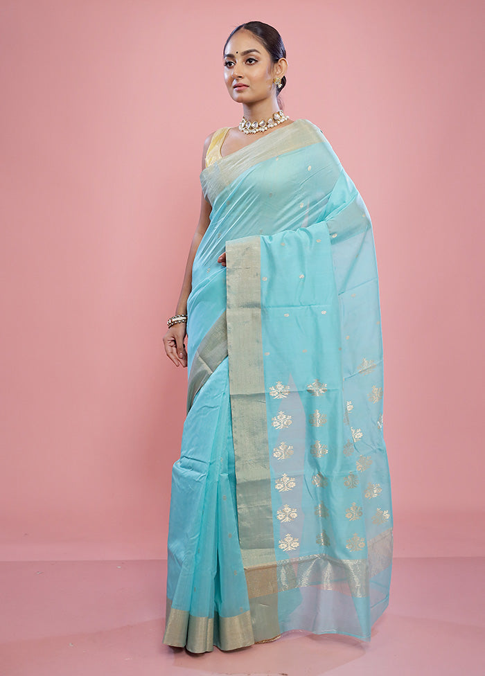 Blue Chanderi Cotton Saree With Blouse Piece - Indian Silk House Agencies