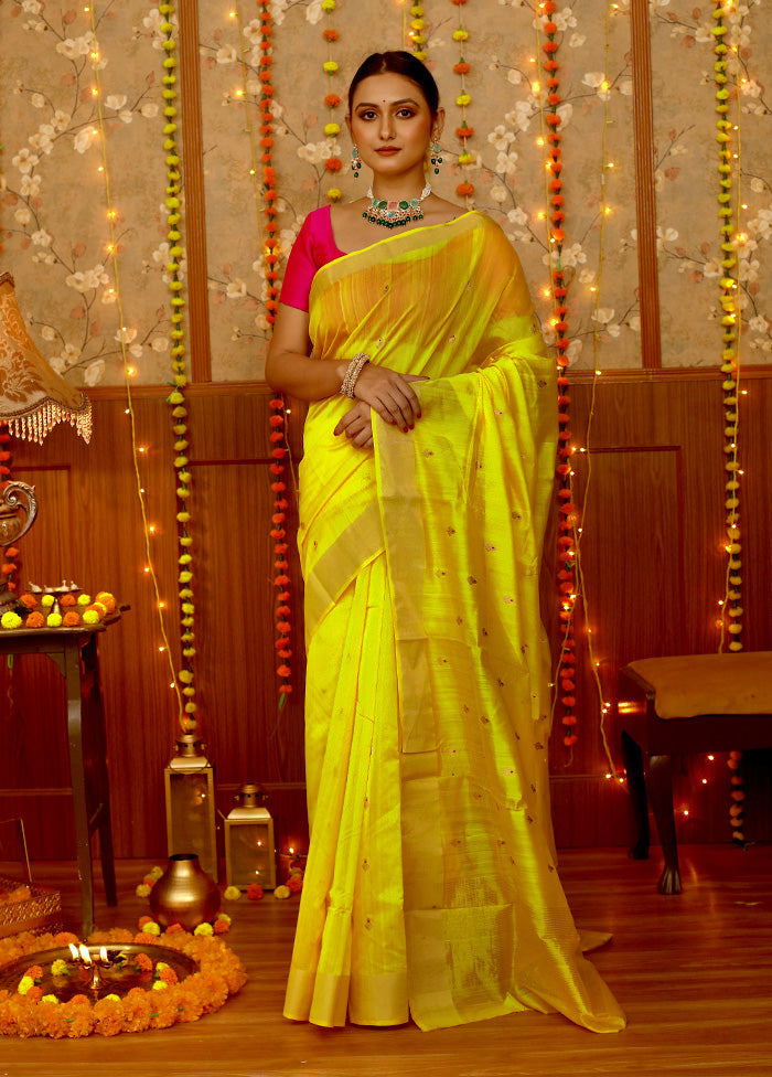 Yellow Chanderi Pure Cotton Saree With Blouse Piece - Indian Silk House Agencies