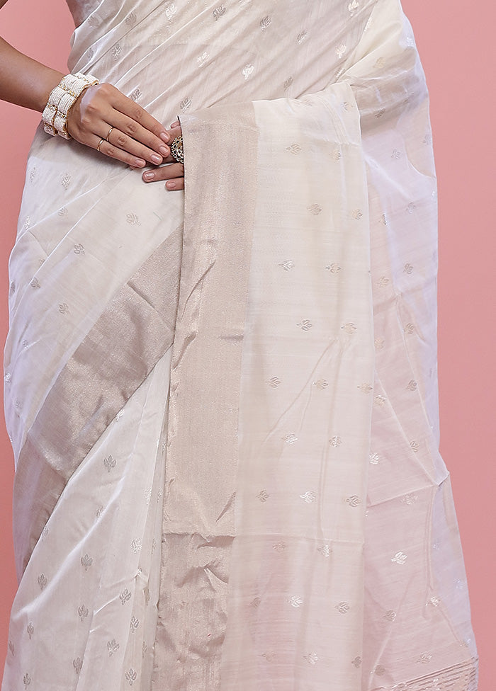 White Chanderi Pure Cotton Saree With Blouse Piece - Indian Silk House Agencies