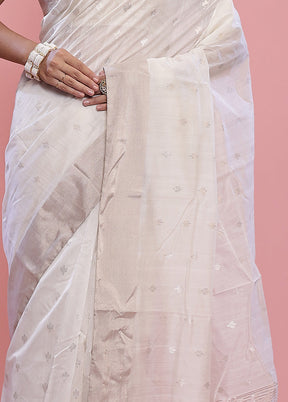 White Chanderi Pure Cotton Saree With Blouse Piece - Indian Silk House Agencies