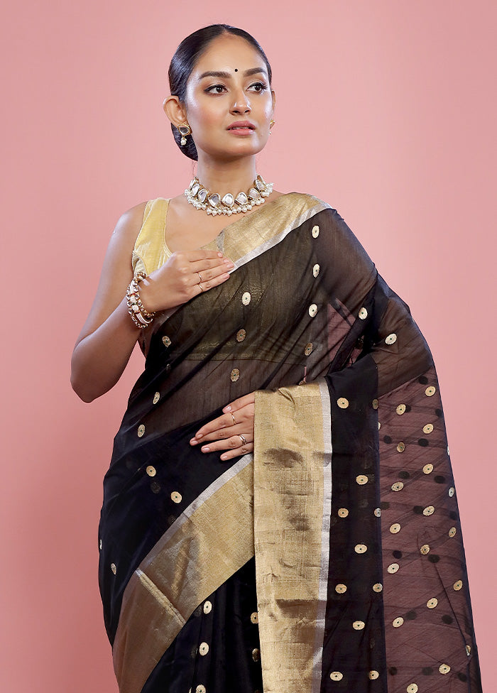 Black Chanderi Pure Cotton Saree With Blouse Piece - Indian Silk House Agencies