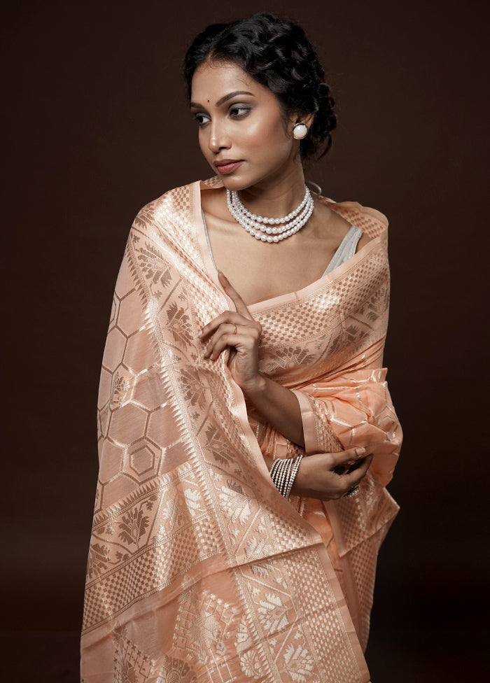 Peach Cotton Saree With Blouse Piece - Indian Silk House Agencies