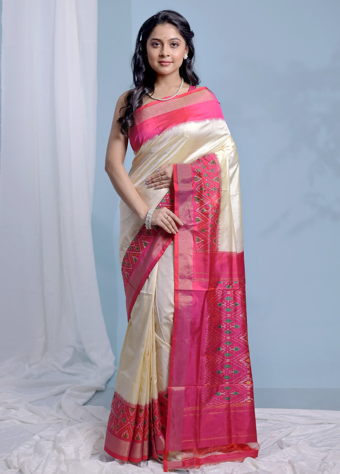 Cream Ikkat Pure Silk Saree With Blouse Piece - Indian Silk House Agencies