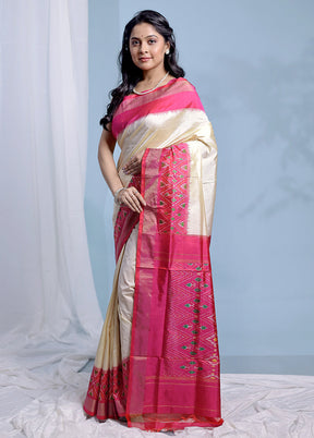 Cream Ikkat Pure Silk Saree With Blouse Piece - Indian Silk House Agencies