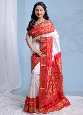 White Ikkat Pure Silk Saree With Blouse Piece - Indian Silk House Agencies