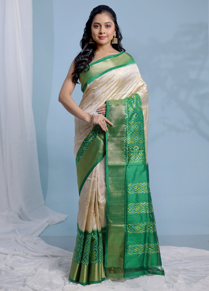 Cream Ikkat Pure Silk Saree With Blouse Piece - Indian Silk House Agencies