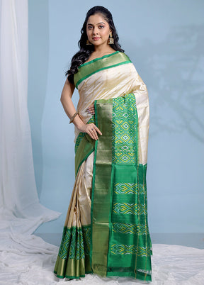 Cream Ikkat Pure Silk Saree With Blouse Piece - Indian Silk House Agencies