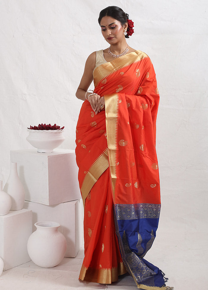 Orange Kanjivaram Silk Saree With Blouse Piece - Indian Silk House Agencies