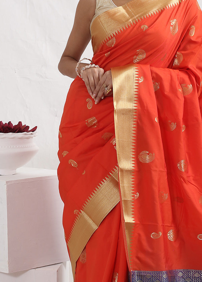 Orange Kanjivaram Silk Saree With Blouse Piece - Indian Silk House Agencies