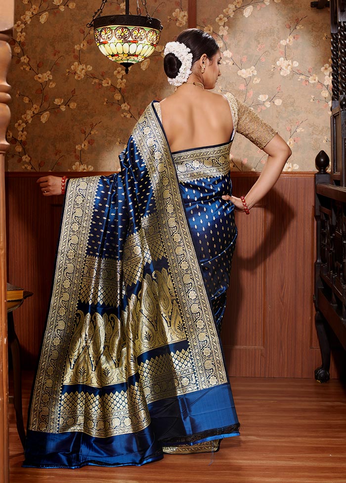 Midnight Blue Pure Banarasi Silk Saree With Blouse Piece - Indian Silk House Agencies