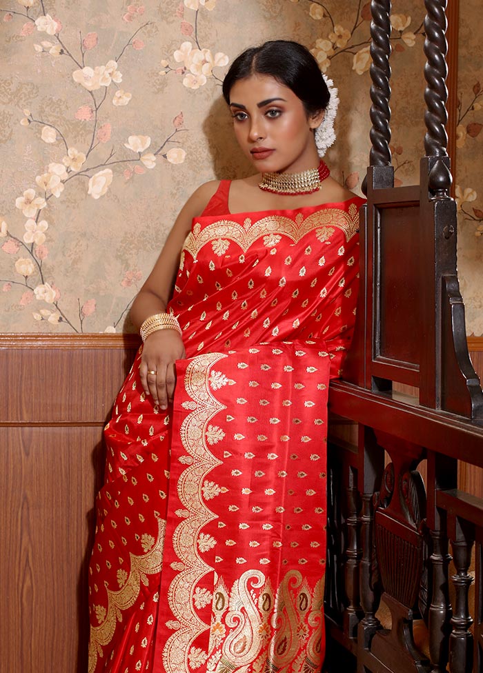 Red Pure Banarasi Silk Saree With Blouse Piece - Indian Silk House Agencies