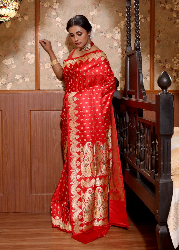 Red Pure Banarasi Silk Saree With Blouse Piece - Indian Silk House Agencies