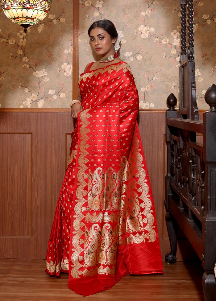 Red Pure Banarasi Silk Saree With Blouse Piece - Indian Silk House Agencies