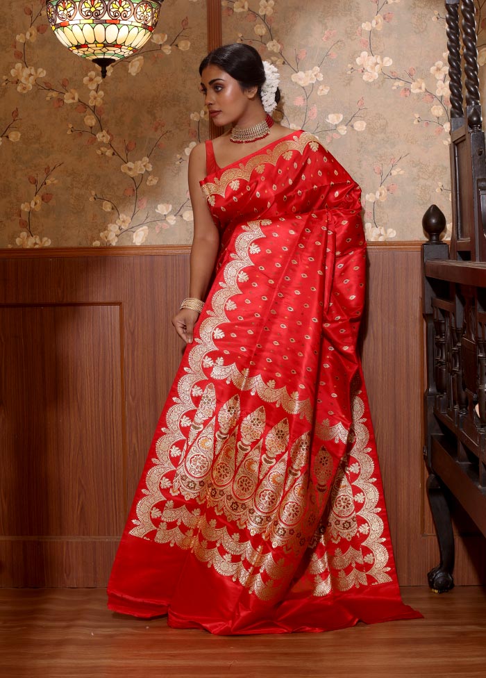 Red Pure Banarasi Silk Saree With Blouse Piece - Indian Silk House Agencies