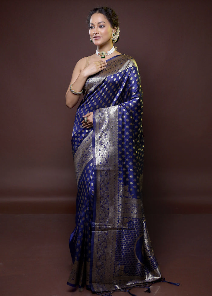 Blue Dupion Silk Saree With Blouse Piece