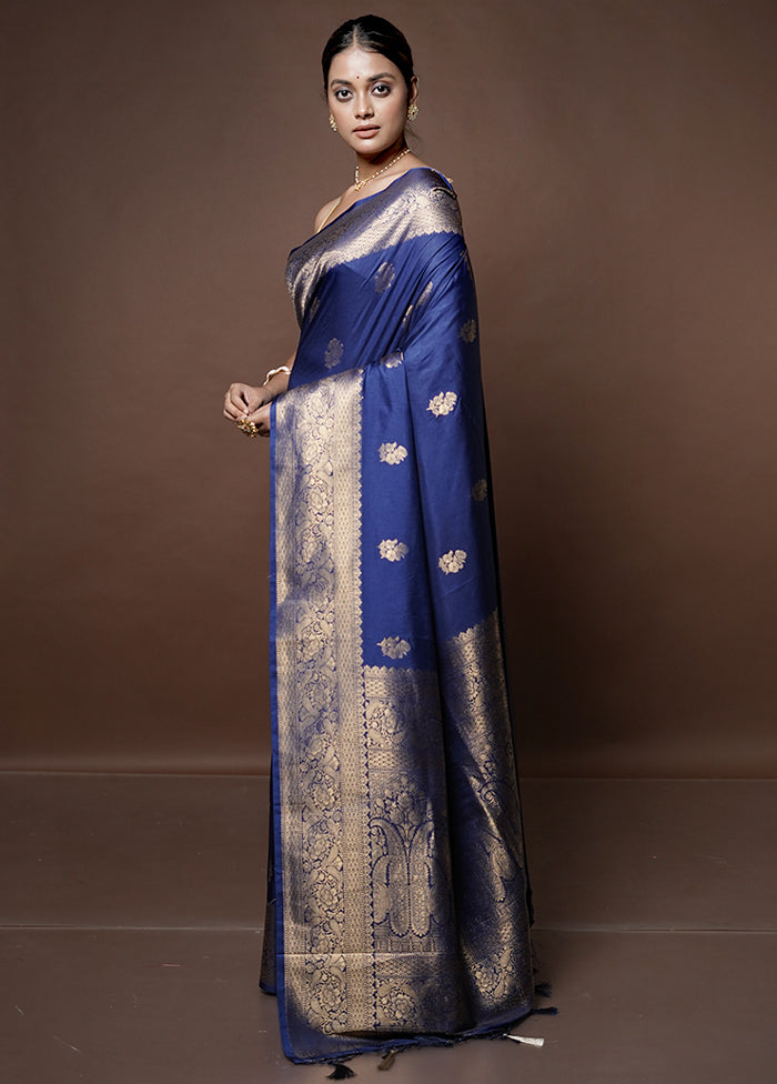 Blue Dupion Silk Saree With Blouse Piece