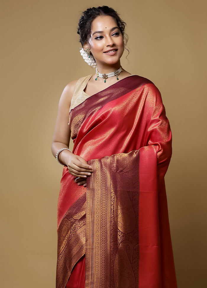 Red Dupion Silk Saree With Blouse Piece