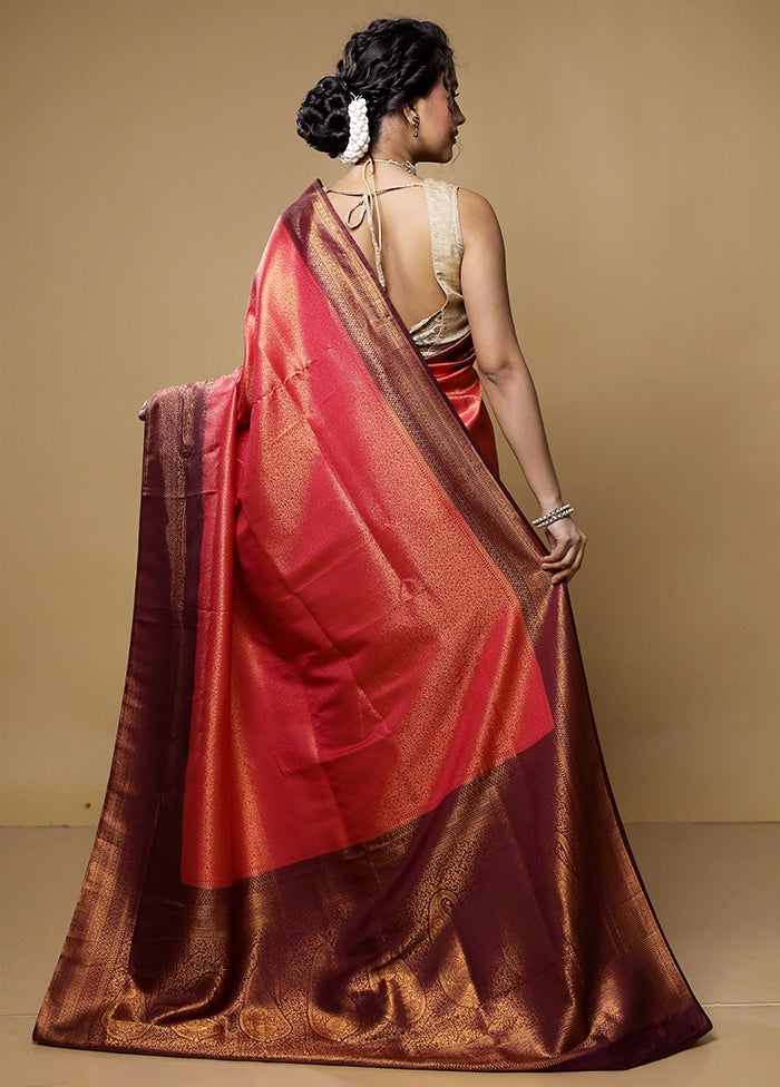 Red Dupion Silk Saree With Blouse Piece