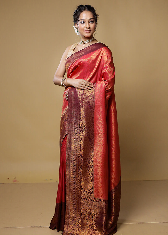 Red Dupion Silk Saree With Blouse Piece