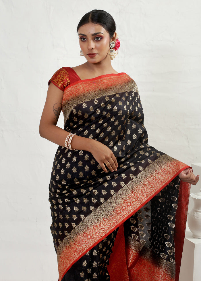 Black Dupion Silk Saree With Blouse Piece - Indian Silk House Agencies