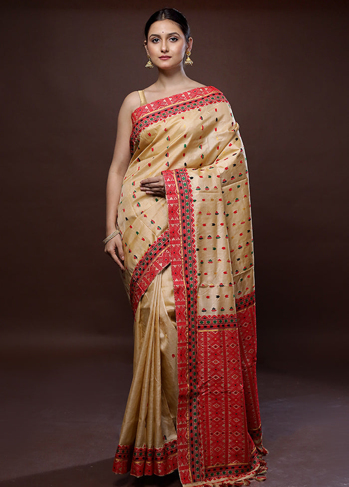 Cream Assam Pure Silk Saree With Blouse Piece - Indian Silk House Agencies