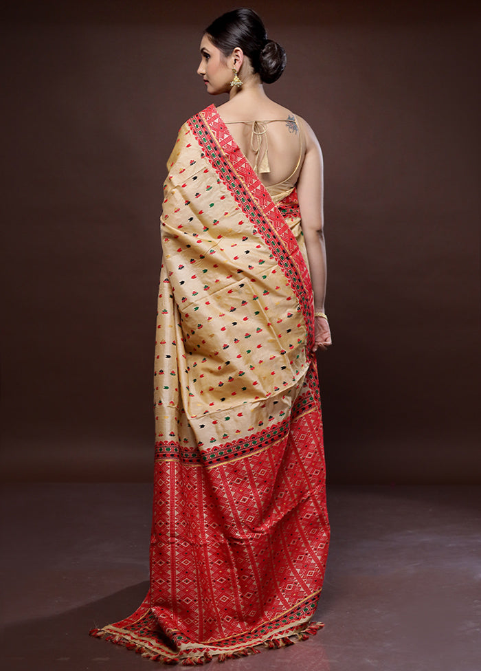 Cream Assam Pure Silk Saree With Blouse Piece - Indian Silk House Agencies