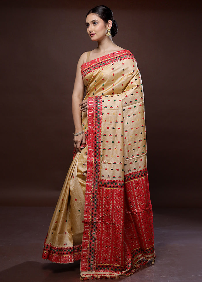 Cream Assam Pure Silk Saree With Blouse Piece - Indian Silk House Agencies