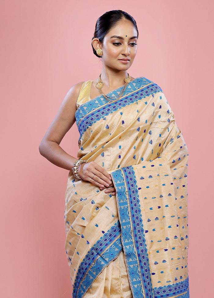 Cream Assam Pure Silk Saree With Blouse Piece - Indian Silk House Agencies