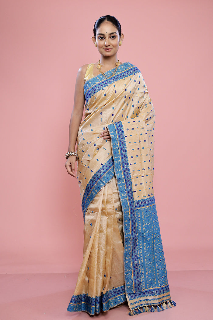 Cream Assam Pure Silk Saree With Blouse Piece - Indian Silk House Agencies