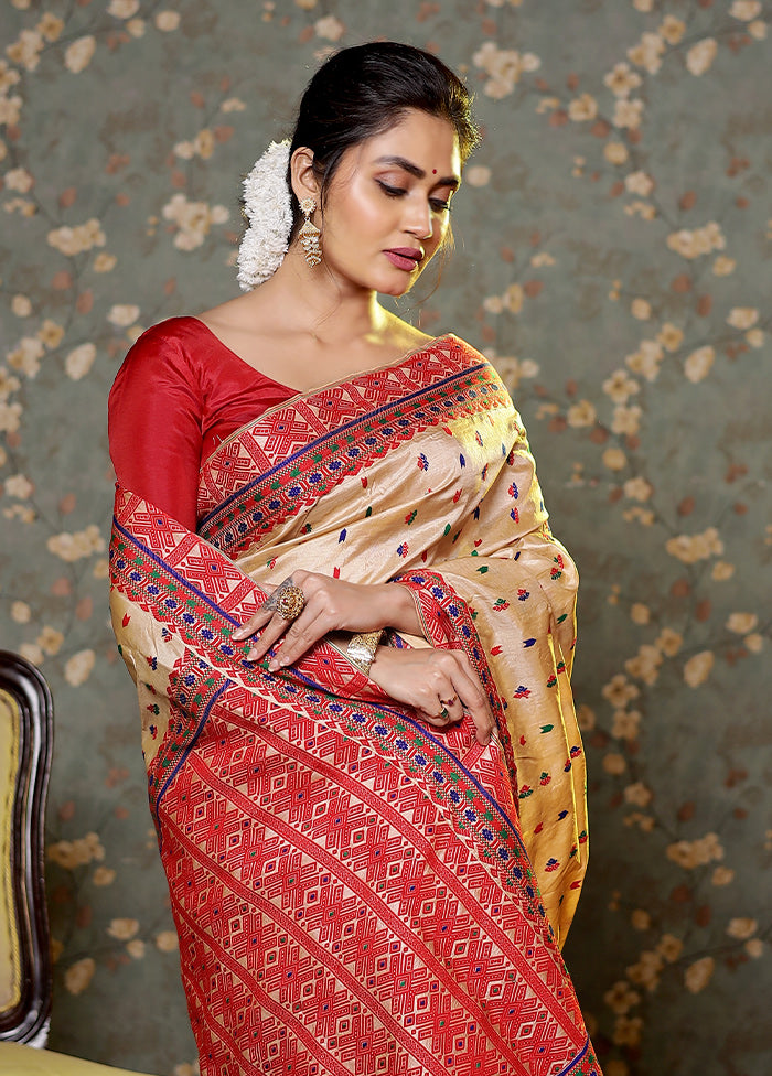 Cream Assam Pure Silk Saree With Blouse Piece - Indian Silk House Agencies