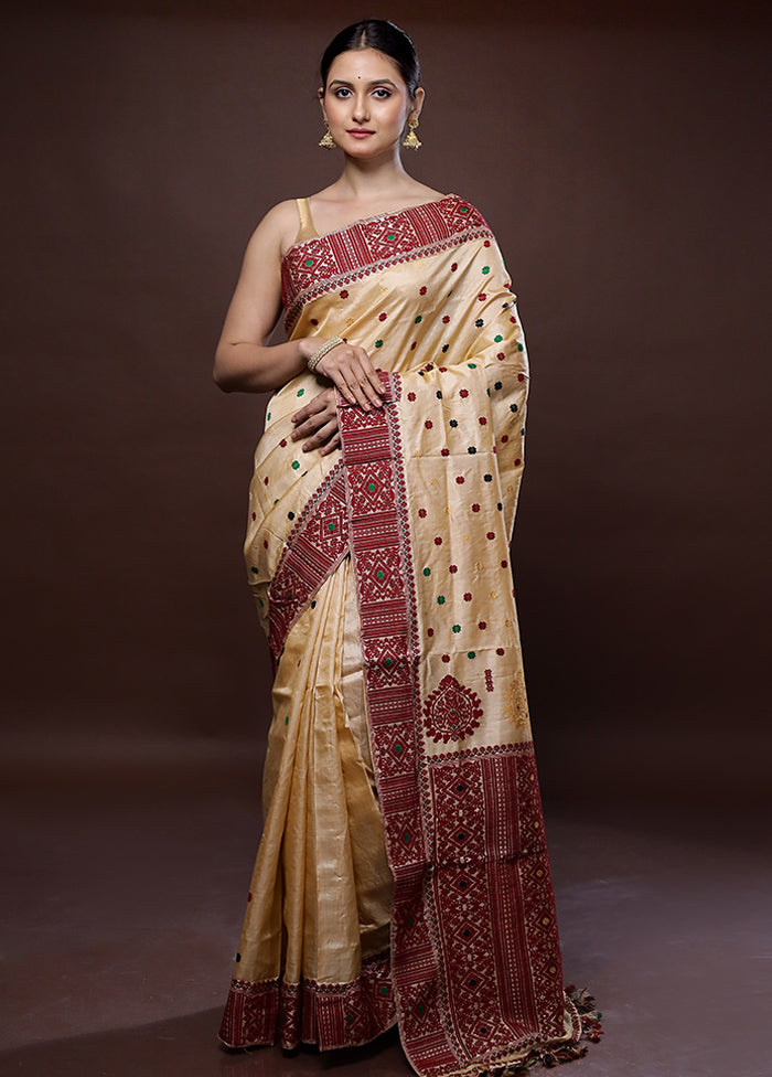 Cream Assam Pure Silk Saree With Blouse Piece - Indian Silk House Agencies