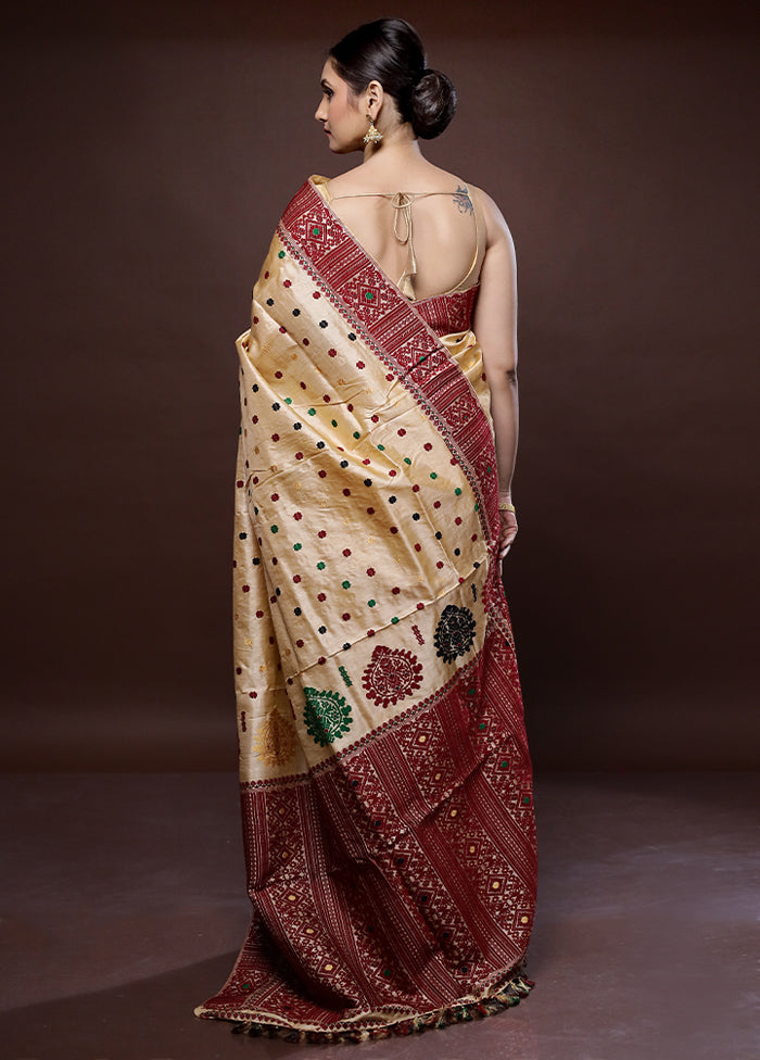 Cream Assam Pure Silk Saree With Blouse Piece - Indian Silk House Agencies