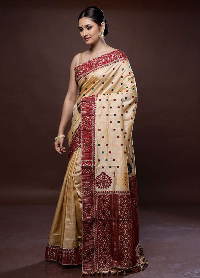 Cream Assam Pure Silk Saree With Blouse Piece - Indian Silk House Agencies