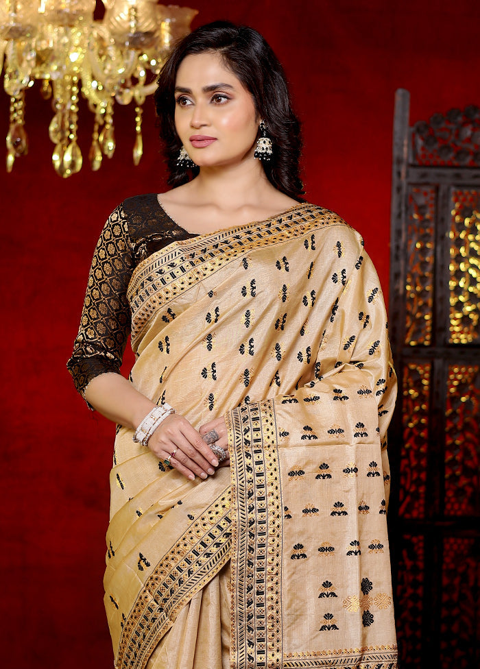 Cream Assam Pure Silk Saree With Blouse Piece - Indian Silk House Agencies