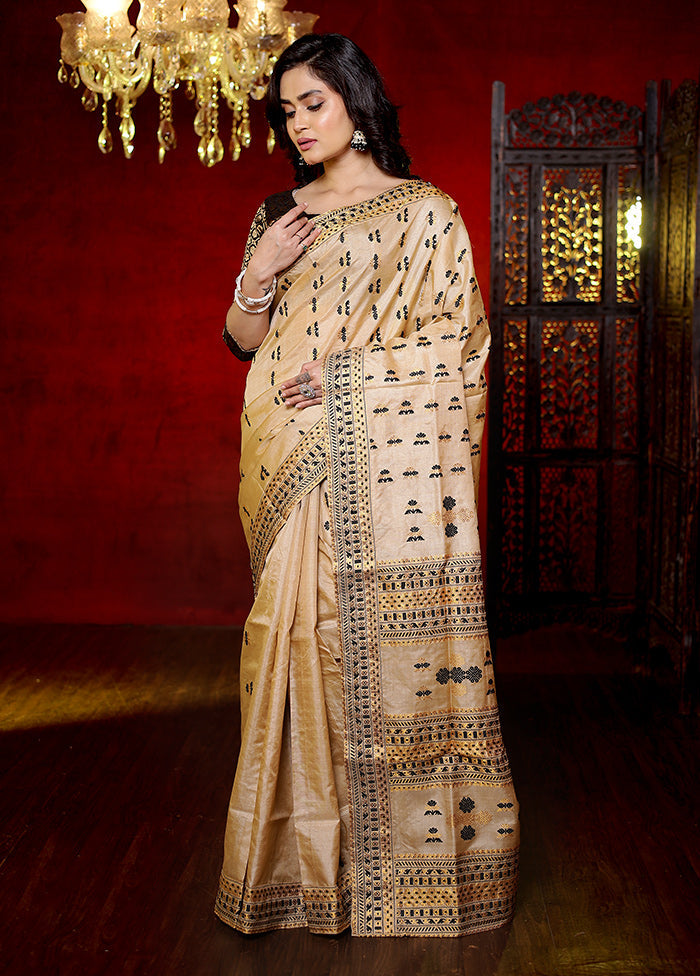 Cream Assam Pure Silk Saree With Blouse Piece - Indian Silk House Agencies