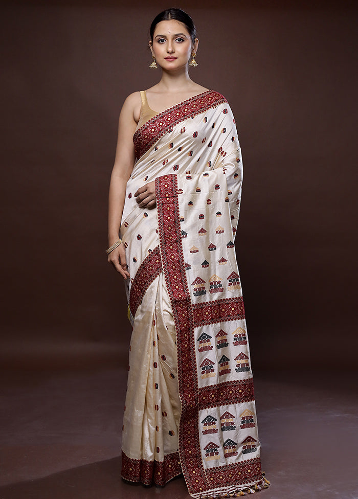 Cream Assam Pure Silk Saree With Blouse Piece - Indian Silk House Agencies