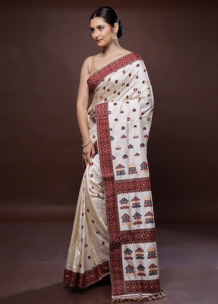 Cream Assam Pure Silk Saree With Blouse Piece - Indian Silk House Agencies