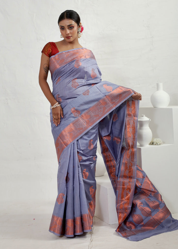 Grey Dupion Silk Saree With Blouse Piece - Indian Silk House Agencies