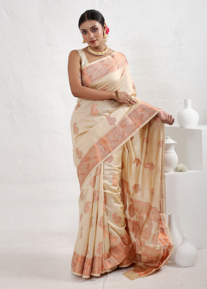 Cream Dupion Silk Saree With Blouse Piece - Indian Silk House Agencies