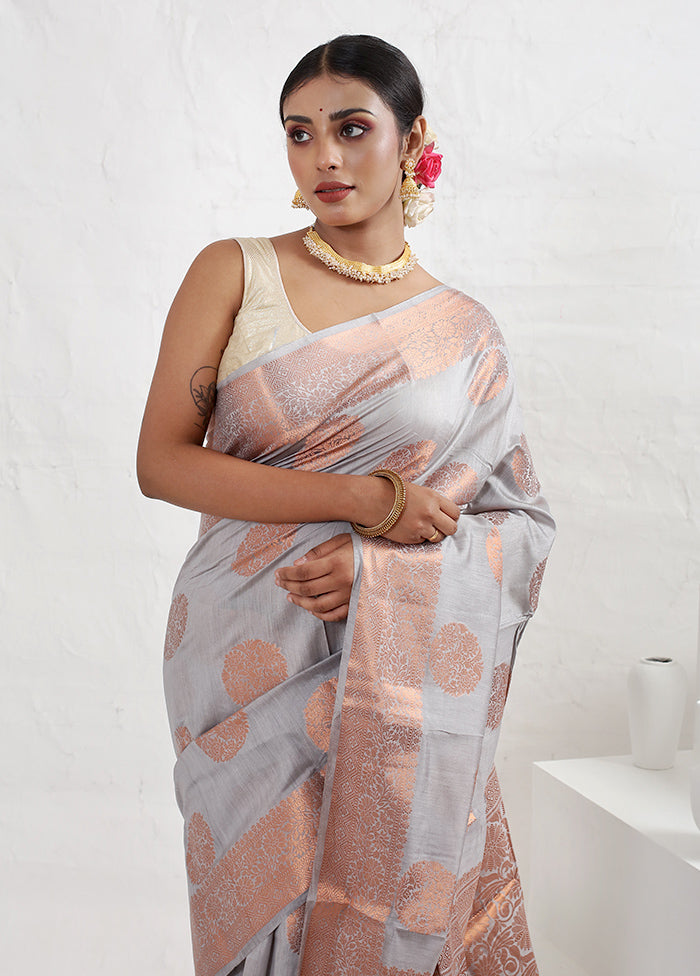 Grey Dupion Silk Saree With Blouse Piece - Indian Silk House Agencies