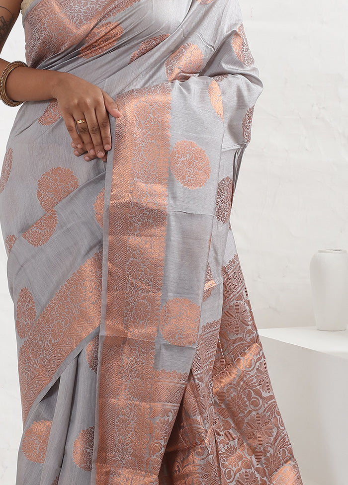 Grey Dupion Silk Saree With Blouse Piece - Indian Silk House Agencies