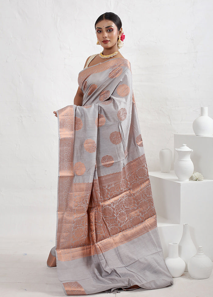 Grey Dupion Silk Saree With Blouse Piece - Indian Silk House Agencies