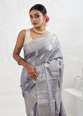 Grey Dupion Silk Saree With Blouse Piece - Indian Silk House Agencies