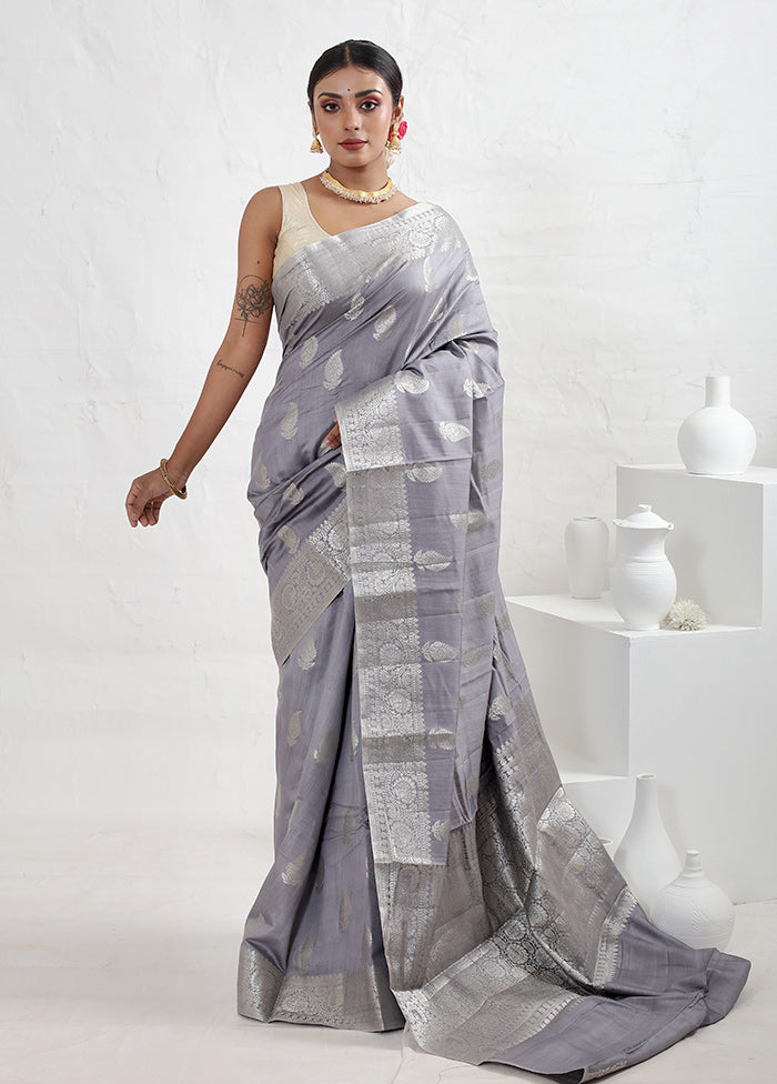 Grey Dupion Silk Saree With Blouse Piece - Indian Silk House Agencies